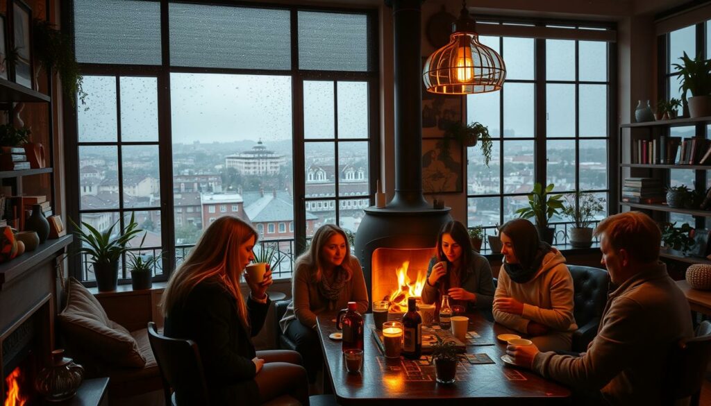 A cozy interior scene on a rainy day in Porto, Portugal. In the foreground, a group of friends gather around a table, sipping hot drinks and playing board games, their faces lit by the warm glow of a fireplace. In the middle ground, a large window offers a view of the city outside, raindrops gently cascading down the panes, creating a serene, moody atmosphere. The background is filled with bookshelves, potted plants, and other cozy accents, creating a inviting, hygge-inspired ambiance perfect for weathering the winter weather. A cozy interior scene on a rainy day in Porto, Portugal. In the foreground, a group of friends gather around a table, sipping hot drinks and playing board games, their faces lit by the warm glow of a fireplace. In the middle ground, a large window offers a view of the city outside, raindrops gently cascading down the panes, creating a serene, moody atmosphere. The background is filled with bookshelves, potted plants, and other cozy accents, creating a inviting, hygge-inspired ambiance perfect for weathering the winter weather.