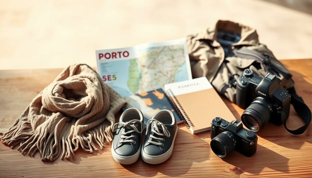 A detailed packing list for a trip to Porto in March, showcased on a wooden table with a clean, natural background. In the foreground, various travel essentials are neatly arranged, including a warm scarf, a light jacket, a pair of comfortable walking shoes, an umbrella, and a camera. The middle ground features a map of Porto, a guidebook, and a travel journal. The background is softly blurred, creating a serene, tranquil atmosphere. Warm, natural lighting illuminates the scene, conveying a sense of spring and the anticipation of exploring the vibrant city. A detailed packing list for a trip to Porto in March, showcased on a wooden table with a clean, natural background. In the foreground, various travel essentials are neatly arranged, including a warm scarf, a light jacket, a pair of comfortable walking shoes, an umbrella, and a camera. The middle ground features a map of Porto, a guidebook, and a travel journal. The background is softly blurred, creating a serene, tranquil atmosphere. Warm, natural lighting illuminates the scene, conveying a sense of spring and the anticipation of exploring the vibrant city.