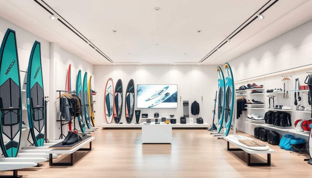 A modern, well-lit online shop for windsurfing equipment, with a sleek and minimalist design. The foreground features neatly arranged displays of various windsurfing gear, including boards, sails, and accessories, all captured in crisp detail. The middle ground showcases a large central display highlighting the shop's latest offerings, while the background features clean, bright walls and minimal decor, creating a sense of airy spaciousness. The lighting is soft and even, accentuating the high-quality materials and craftsmanship of the products. The overall atmosphere conveys a sense of adventure, quality, and a deep appreciation for the sport of windsurfing. A modern, well-lit online shop for windsurfing equipment, with a sleek and minimalist design. The foreground features neatly arranged displays of various windsurfing gear, including boards, sails, and accessories, all captured in crisp detail. The middle ground showcases a large central display highlighting the shop's latest offerings, while the background features clean, bright walls and minimal decor, creating a sense of airy spaciousness. The lighting is soft and even, accentuating the high-quality materials and craftsmanship of the products. The overall atmosphere conveys a sense of adventure, quality, and a deep appreciation for the sport of windsurfing.