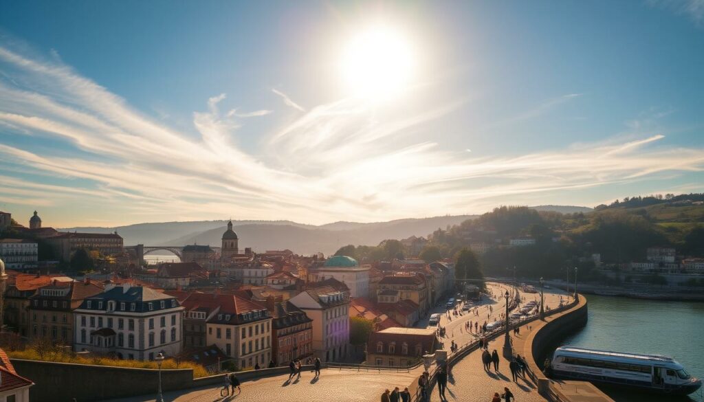 A picturesque cityscape of Porto under a warm, golden light in the spring. The historic center, with its colorful buildings and winding cobblestone streets, is framed by the iconic Douro River and lush green hills in the background. Sunlight filters through wispy clouds, casting a soft, inviting glow over the scene. Pedestrians stroll along the riverfront promenade, enjoying the mild temperature and pleasant breeze. The tranquil atmosphere and vibrant colors create an idyllic setting, showcasing why April is an ideal time to visit this charming Portuguese city. A picturesque cityscape of Porto under a warm, golden light in the spring. The historic center, with its colorful buildings and winding cobblestone streets, is framed by the iconic Douro River and lush green hills in the background. Sunlight filters through wispy clouds, casting a soft, inviting glow over the scene. Pedestrians stroll along the riverfront promenade, enjoying the mild temperature and pleasant breeze. The tranquil atmosphere and vibrant colors create an idyllic setting, showcasing why April is an ideal time to visit this charming Portuguese city.