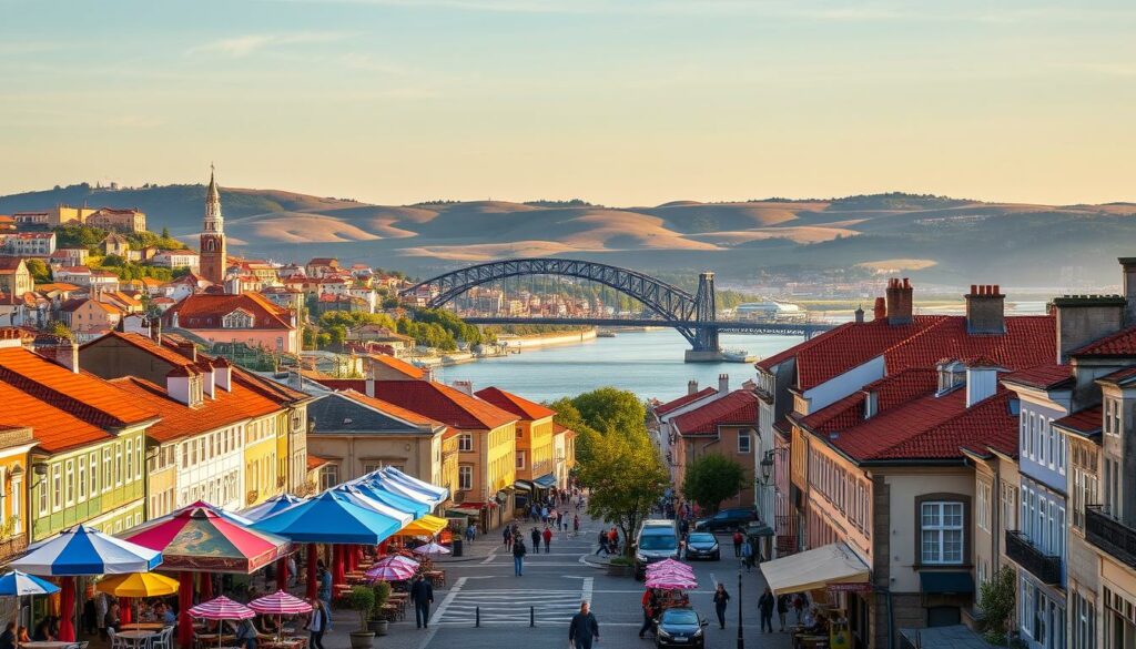 A picturesque coastal town nestled along the Douro River, Porto in June offers a delightful blend of warm sunshine, vibrant architecture, and lively outdoor activities. The prompt envisions a sweeping panoramic view showcasing the city's iconic bridges, charming historic buildings, and bustling riverfront promenade. In the foreground, colorful umbrellas and cafe tables dot the cobblestone streets, inviting visitors to soak up the lively atmosphere. The middle ground features the iconic Dom Luis I Bridge, its dramatic iron arches framing the skyline of terracotta roofs and bell towers. In the background, the rolling hills and vineyards of the Douro Valley provide a scenic backdrop, bathed in the soft, golden light of a June evening. This captivating scene captures the essence of Porto's allure during the summer months, enticing the viewer to explore its timeless charms. A picturesque coastal town nestled along the Douro River, Porto in June offers a delightful blend of warm sunshine, vibrant architecture, and lively outdoor activities. The prompt envisions a sweeping panoramic view showcasing the city's iconic bridges, charming historic buildings, and bustling riverfront promenade. In the foreground, colorful umbrellas and cafe tables dot the cobblestone streets, inviting visitors to soak up the lively atmosphere. The middle ground features the iconic Dom Luis I Bridge, its dramatic iron arches framing the skyline of terracotta roofs and bell towers. In the background, the rolling hills and vineyards of the Douro Valley provide a scenic backdrop, bathed in the soft, golden light of a June evening. This captivating scene captures the essence of Porto's allure during the summer months, enticing the viewer to explore its timeless charms.