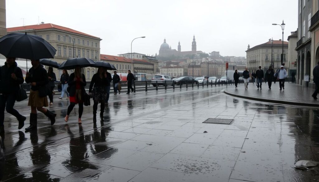 A rain-soaked city street in Porto, Portugal, under a gloomy, overcast sky. Puddles reflect the dreary conditions, with raindrops pitter-pattering against the cobblestones. Sturdy umbrellas dot the scene, as pedestrians hurry by, their faces obscured by the downpour. In the distance, the silhouettes of historic buildings loom, their details muted by the heavy mist. A sense of melancholy pervades the atmosphere, capturing the essence of the rainy days that visitors to Porto may experience during the February season.