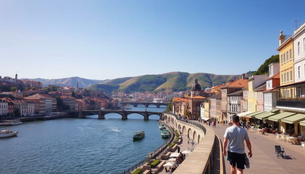 A sunny day in the historic city of Porto, Portugal. The iconic Douro River winds through the city, its banks lined with vibrant, colorful buildings and iconic bridges. In the foreground, a couple strolls along the riverfront promenade, taking in the stunning views and lively atmosphere. The middle ground features the famous Ribeira district, with its charming narrow streets and charming cafes. In the background, the majestic Douro Valley rises, its lush, rolling hills and vineyards bathed in a warm, golden light. The overall scene conveys the perfect blend of culture, history, and natural beauty that makes Porto an ideal travel destination in the summer.