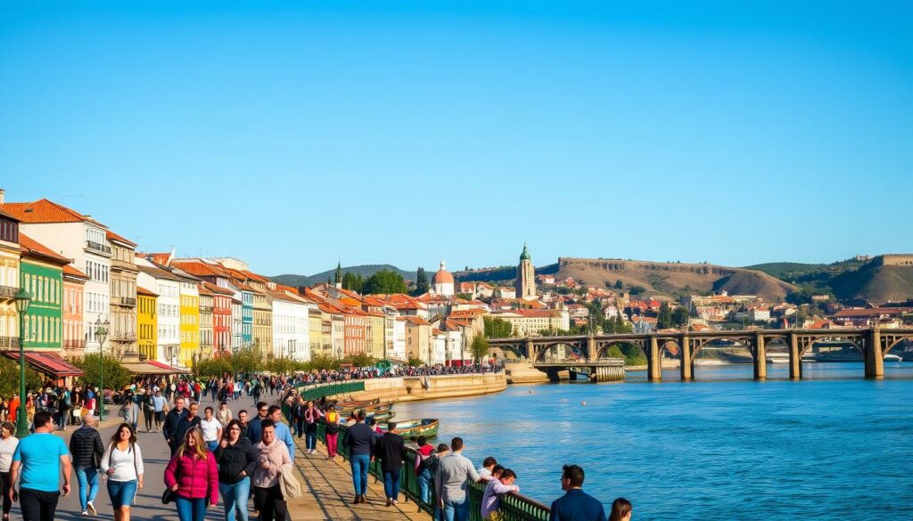 A vibrant cityscape of Porto, Portugal in early spring. In the foreground, locals and tourists strolling along the picturesque riverfront, soaking in the mild March sun. Colorful buildings line the banks, their facades reflecting in the calm waters of the Douro River. In the middle ground, historic landmarks like the iconic Dom Luís I Bridge and the Ribeira district come into view, bathed in a warm, golden light. The background is framed by rolling hills and a clear, azure sky, hinting at the pleasant weather this time of year. An atmosphere of exploration, leisure, and joie de vivre pervades the scene, capturing the essence of the best activities to enjoy in Porto during March. A vibrant cityscape of Porto, Portugal in early spring. In the foreground, locals and tourists strolling along the picturesque riverfront, soaking in the mild March sun. Colorful buildings line the banks, their facades reflecting in the calm waters of the Douro River. In the middle ground, historic landmarks like the iconic Dom Luís I Bridge and the Ribeira district come into view, bathed in a warm, golden light. The background is framed by rolling hills and a clear, azure sky, hinting at the pleasant weather this time of year. An atmosphere of exploration, leisure, and joie de vivre pervades the scene, capturing the essence of the best activities to enjoy in Porto during March.