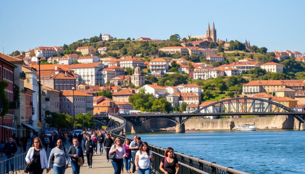 A vibrant cityscape of Porto, Portugal in the month of May. The foreground showcases locals and tourists strolling along the historic riverfront, admiring the colorful buildings and charming bridges. The middle ground features the iconic Luís I Bridge, its intricate steel arches reflecting the warm, golden sunlight. In the background, the hilly terrain is dotted with terracotta-roofed houses, lush greenery, and the distant silhouettes of church spires. The overall scene exudes a lively, warm, and inviting atmosphere, perfectly capturing the spirit of outdoor activities and sightseeing in Porto during the pleasant spring weather. A vibrant cityscape of Porto, Portugal in the month of May. The foreground showcases locals and tourists strolling along the historic riverfront, admiring the colorful buildings and charming bridges. The middle ground features the iconic Luís I Bridge, its intricate steel arches reflecting the warm, golden sunlight. In the background, the hilly terrain is dotted with terracotta-roofed houses, lush greenery, and the distant silhouettes of church spires. The overall scene exudes a lively, warm, and inviting atmosphere, perfectly capturing the spirit of outdoor activities and sightseeing in Porto during the pleasant spring weather.