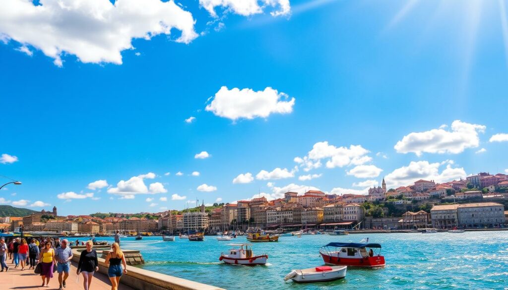 A vibrant seaside scene on a sunny day in Porto, Portugal. In the foreground, people stroll along the promenade, enjoying the warm breeze and the sparkling waters of the Douro River. In the middle ground, colorful boats bob gently in the harbor, their sails catching the light. In the background, the historic buildings of the city rise up, their pastel facades bathed in a golden glow. The sky is a brilliant blue, dotted with fluffy white clouds. Sunlight dances across the scene, creating a sense of energy and vitality. This idyllic setting invites exploration, leisure, and the appreciation of the region's natural beauty. A vibrant seaside scene on a sunny day in Porto, Portugal. In the foreground, people stroll along the promenade, enjoying the warm breeze and the sparkling waters of the Douro River. In the middle ground, colorful boats bob gently in the harbor, their sails catching the light. In the background, the historic buildings of the city rise up, their pastel facades bathed in a golden glow. The sky is a brilliant blue, dotted with fluffy white clouds. Sunlight dances across the scene, creating a sense of energy and vitality. This idyllic setting invites exploration, leisure, and the appreciation of the region's natural beauty.