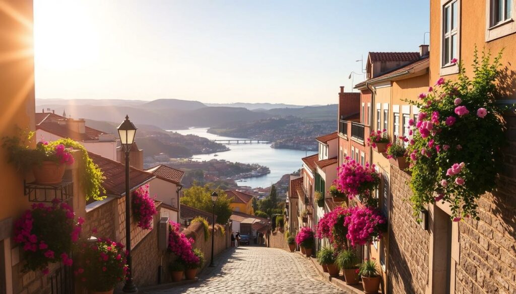 A warm, sun-drenched scene of Porto in May. In the foreground, a cobblestone street winds through the historic city center, lined with vibrant, blooming flowers and colorful, tiled buildings. The middle ground features the iconic Douro River, its waters shimmering under the golden afternoon light. In the background, rolling hills and a clear, azure sky create a picturesque, serene backdrop. The overall atmosphere is one of tranquility, charm, and the perfect balance of urban exploration and natural beauty - capturing the essence of why May is the ideal time to visit this enchanting Portuguese destination. A warm, sun-drenched scene of Porto in May. In the foreground, a cobblestone street winds through the historic city center, lined with vibrant, blooming flowers and colorful, tiled buildings. The middle ground features the iconic Douro River, its waters shimmering under the golden afternoon light. In the background, rolling hills and a clear, azure sky create a picturesque, serene backdrop. The overall atmosphere is one of tranquility, charm, and the perfect balance of urban exploration and natural beauty - capturing the essence of why May is the ideal time to visit this enchanting Portuguese destination.