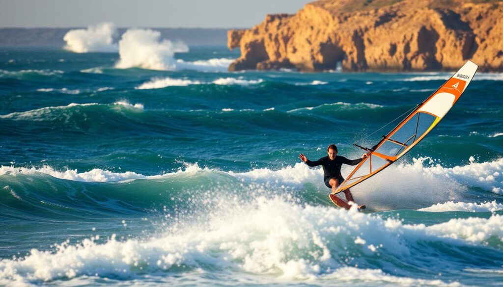An advanced windsurfing scene on the coast of Portugal. In the foreground, a skilled surfer navigates powerful gusts, their board carving graceful turns across the wind-whipped waves. The middle ground features a dramatic seascape, with towering swells and whitecaps dancing across the azure waters. The background showcases the rugged Portuguese shoreline, its cliffs and rock formations bathed in warm, golden sunlight. The image conveys a sense of dynamic motion, technical mastery, and the sheer power of the elements - an inspiring visualization of the next level of windsurfing prowess. An advanced windsurfing scene on the coast of Portugal. In the foreground, a skilled surfer navigates powerful gusts, their board carving graceful turns across the wind-whipped waves. The middle ground features a dramatic seascape, with towering swells and whitecaps dancing across the azure waters. The background showcases the rugged Portuguese shoreline, its cliffs and rock formations bathed in warm, golden sunlight. The image conveys a sense of dynamic motion, technical mastery, and the sheer power of the elements - an inspiring visualization of the next level of windsurfing prowess.