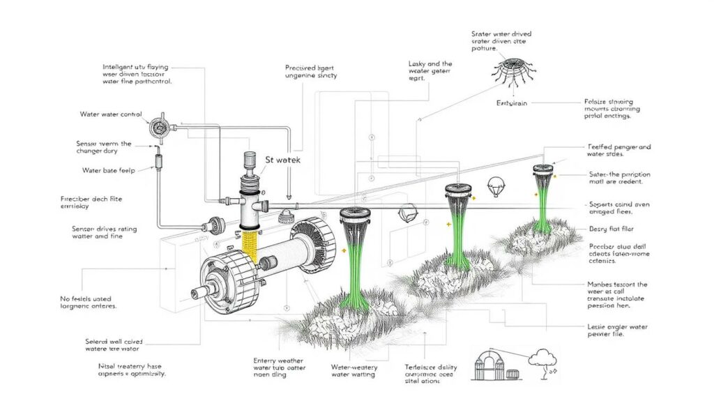 A detailed, meticulously engineered smart irrigation system, its intricate components and mechanisms elegantly depicted in a technical schematic illustration. Precise engineering diagrams show the system's intelligent water flow control, sensor-driven optimization, and integrated weather data analysis - all rendered in a crisp, technical style with strategic pops of color highlighting key elements. The overall tone is one of functional sophistication, conveying the advanced, cutting-edge nature of this smart watering solution for sports turf maintenance. A detailed, meticulously engineered smart irrigation system, its intricate components and mechanisms elegantly depicted in a technical schematic illustration. Precise engineering diagrams show the system's intelligent water flow control, sensor-driven optimization, and integrated weather data analysis - all rendered in a crisp, technical style with strategic pops of color highlighting key elements. The overall tone is one of functional sophistication, conveying the advanced, cutting-edge nature of this smart watering solution for sports turf maintenance.