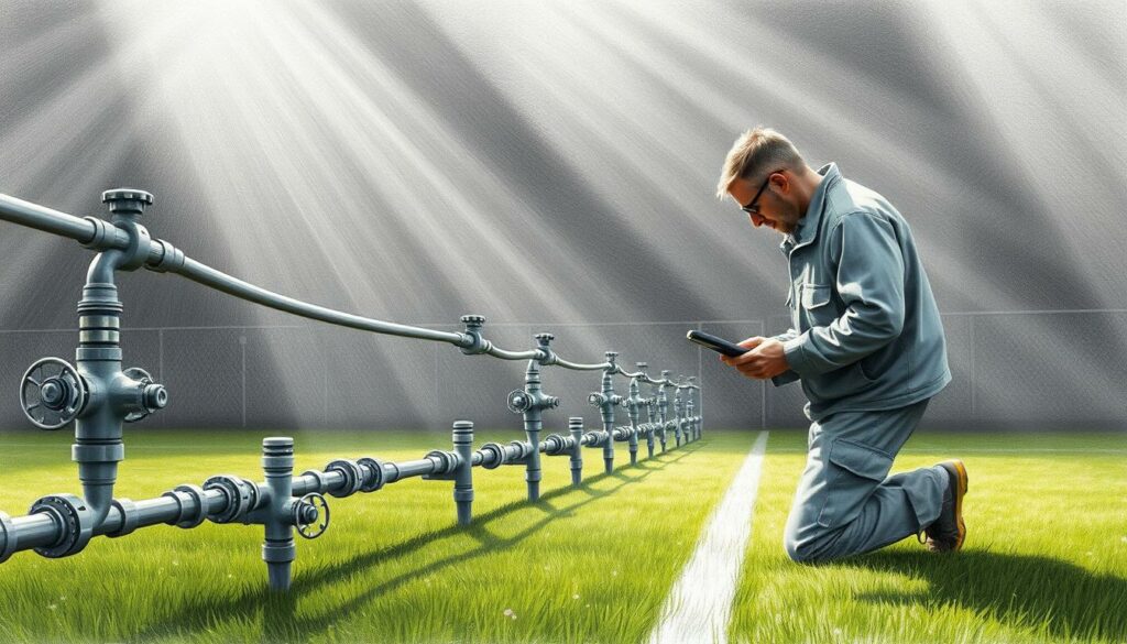 A meticulous groundskeeper diligently inspects an intricate irrigation system on a meticulously maintained sports field. Shafts of soft, diffused light cast a contemplative atmosphere, illuminating the system's intricate array of pipes, valves, and nozzles in a muted palette of graphite grays and muted greens. Subtle pops of color accentuate key components, guiding the eye through the scene's technical intricacies. The groundskeeper, clad in a utilitarian uniform, examines each element with a discerning eye, ensuring the system's optimal performance to keep the verdant turf in peak condition. The overall scene conveys a sense of careful stewardship and the importance of diligent maintenance for the long-term health of the sports field's playing surface. A meticulous groundskeeper diligently inspects an intricate irrigation system on a meticulously maintained sports field. Shafts of soft, diffused light cast a contemplative atmosphere, illuminating the system's intricate array of pipes, valves, and nozzles in a muted palette of graphite grays and muted greens. Subtle pops of color accentuate key components, guiding the eye through the scene's technical intricacies. The groundskeeper, clad in a utilitarian uniform, examines each element with a discerning eye, ensuring the system's optimal performance to keep the verdant turf in peak condition. The overall scene conveys a sense of careful stewardship and the importance of diligent maintenance for the long-term health of the sports field's playing surface.