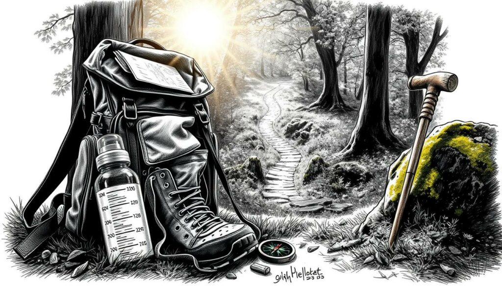 A backpack rests on the ground, its contents spilling out - a sturdy pair of hiking boots, a water bottle, a map, and a compass. Beside it, a walking stick leans against a moss-covered rock, its worn handle suggesting many miles traveled. Sunlight filters through the canopy of trees, casting a warm glow over the scene. In the distance, a winding trail leads deeper into the lush, verdant landscape, inviting the pilgrim to embark on their spiritual journey. The image is rendered in a striking black and white palette, with subtle pops of color highlighting the essential items of the pilgrim's equipment.