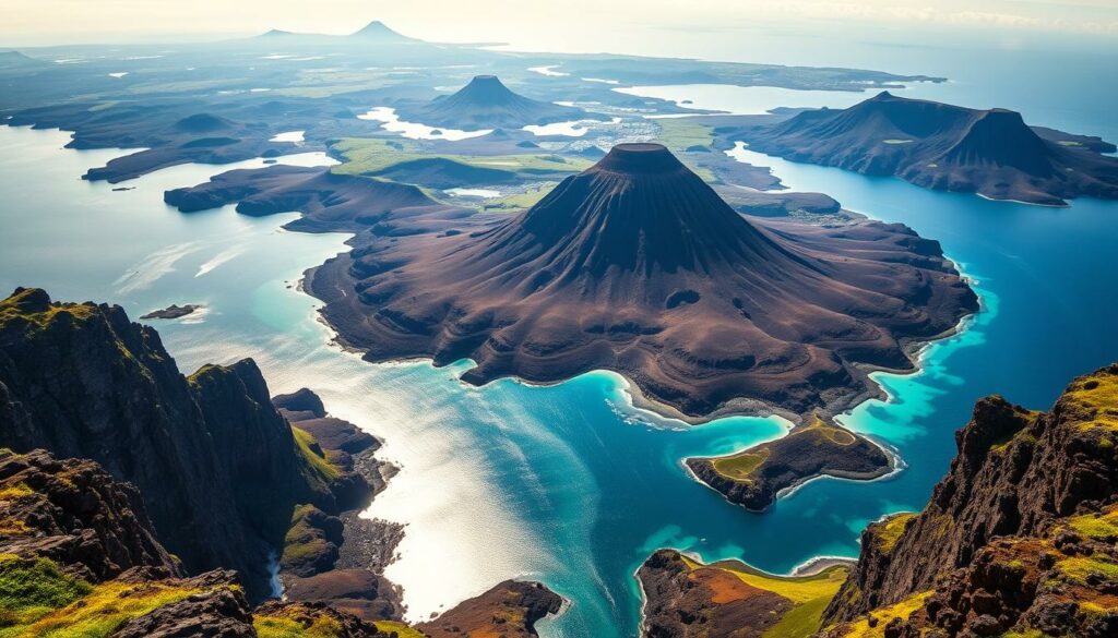 A breathtaking aerial view of the Madeira and Azores archipelagos, their rugged volcanic landscapes and pristine azure waters shimmering in the soft, diffused light. In the foreground, dramatic cliffs and rocky coastlines, dusted with touches of vibrant green vegetation, give way to the tranquil, mirror-like lagoons below. The middle ground features the signature cone-shaped peaks of the Azores, their sharp silhouettes casting dramatic shadows across the undulating terrain. In the distance, the Madeira islands emerge, their lush, densely forested hills and valleys blanketed in a soft, ethereal haze. The overall scene exudes a sense of timeless, untamed beauty, inviting the viewer to explore these remote, enchanting island paradises. A breathtaking aerial view of the Madeira and Azores archipelagos, their rugged volcanic landscapes and pristine azure waters shimmering in the soft, diffused light. In the foreground, dramatic cliffs and rocky coastlines, dusted with touches of vibrant green vegetation, give way to the tranquil, mirror-like lagoons below. The middle ground features the signature cone-shaped peaks of the Azores, their sharp silhouettes casting dramatic shadows across the undulating terrain. In the distance, the Madeira islands emerge, their lush, densely forested hills and valleys blanketed in a soft, ethereal haze. The overall scene exudes a sense of timeless, untamed beauty, inviting the viewer to explore these remote, enchanting island paradises.