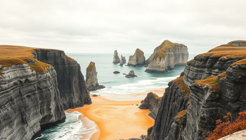 A breathtaking coastal landscape along the Atlantic shores of Portugal, showcasing the region's natural wonders. In the foreground, dramatic cliffs in shades of gray and black, sculpted by the relentless waves crashing against them. The middle ground reveals a stretch of pristine sandy beach, with pops of vibrant ochre and sienna hues. In the distance, towering rock formations in muted tones stand guard over the tranquil, azure waters of the ocean. Overhead, a moody, overcast sky casts a soft, diffused light, creating a sense of timelessness and serenity. The overall scene evokes a feeling of awe and reverence for the raw, untamed beauty of Portugal's coastline. A breathtaking coastal landscape along the Atlantic shores of Portugal, showcasing the region's natural wonders. In the foreground, dramatic cliffs in shades of gray and black, sculpted by the relentless waves crashing against them. The middle ground reveals a stretch of pristine sandy beach, with pops of vibrant ochre and sienna hues. In the distance, towering rock formations in muted tones stand guard over the tranquil, azure waters of the ocean. Overhead, a moody, overcast sky casts a soft, diffused light, creating a sense of timelessness and serenity. The overall scene evokes a feeling of awe and reverence for the raw, untamed beauty of Portugal's coastline.