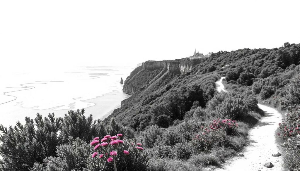 A breathtaking vista of Portugal's most picturesque hiking regions, captured in a rich monochromatic palette with subtle pops of color. In the foreground, a winding path leads through lush, verdant forests, dotted with vibrant wildflowers. The middle ground reveals rugged, windswept cliffs overlooking the azure Atlantic, while the distant horizon is punctuated by the silhouettes of historic hilltop villages. Dramatic shadows and highlights sculpt the landscape, creating a sense of depth and atmosphere. The overall aesthetic is one of timeless, understated elegance, inviting the viewer to explore the natural beauty and cultural heritage of these enchanting Wanderregionen. A breathtaking vista of Portugal's most picturesque hiking regions, captured in a rich monochromatic palette with subtle pops of color. In the foreground, a winding path leads through lush, verdant forests, dotted with vibrant wildflowers. The middle ground reveals rugged, windswept cliffs overlooking the azure Atlantic, while the distant horizon is punctuated by the silhouettes of historic hilltop villages. Dramatic shadows and highlights sculpt the landscape, creating a sense of depth and atmosphere. The overall aesthetic is one of timeless, understated elegance, inviting the viewer to explore the natural beauty and cultural heritage of these enchanting Wanderregionen.