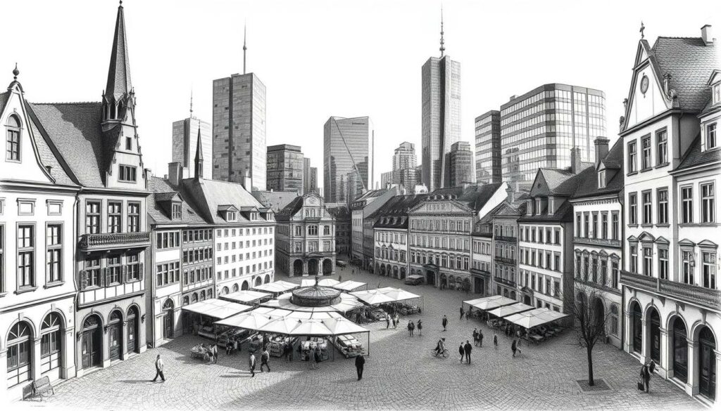 A bustling old town square contrasts with a sleek, modern commercial district in this striking black and white scene of "Altstadt und Neustadt Kontrast". In the foreground, cobblestone streets and historic buildings with pointed roofs and ornate facades create a quaint, charming atmosphere. The middle ground features a bustling pedestrian plaza, with people strolling and shopping amidst colorful market stalls and outdoor cafes. In the background, towering glass skyscrapers and sleek corporate headquarters rise up, creating a dynamic juxtaposition of old and new, traditional and contemporary. Dramatic chiaroscuro lighting accentuates the architectural details and lends a moody, atmospheric tone to the image. A bustling old town square contrasts with a sleek, modern commercial district in this striking black and white scene of "Altstadt und Neustadt Kontrast". In the foreground, cobblestone streets and historic buildings with pointed roofs and ornate facades create a quaint, charming atmosphere. The middle ground features a bustling pedestrian plaza, with people strolling and shopping amidst colorful market stalls and outdoor cafes. In the background, towering glass skyscrapers and sleek corporate headquarters rise up, creating a dynamic juxtaposition of old and new, traditional and contemporary. Dramatic chiaroscuro lighting accentuates the architectural details and lends a moody, atmospheric tone to the image.