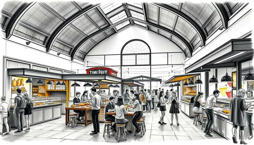 A bustling open-air food hall in Lisbon's Time Out Market, showcasing the city's vibrant culinary scene. Sleek, minimalist design with grey stone floors, white walls, and accents of bright color. Locals and visitors browse artisanal food stalls, sampling regional delicacies like grilled sardines, creamy custard tarts, and fresh seafood. Warm, diffused lighting illuminates the space, casting a cozy, atmospheric glow. The overall mood is one of conviviality, as diners share plates and lively conversation. Presented in a moody, high-contrast black and white palette with selective pops of color to highlight the tantalizing food displays.