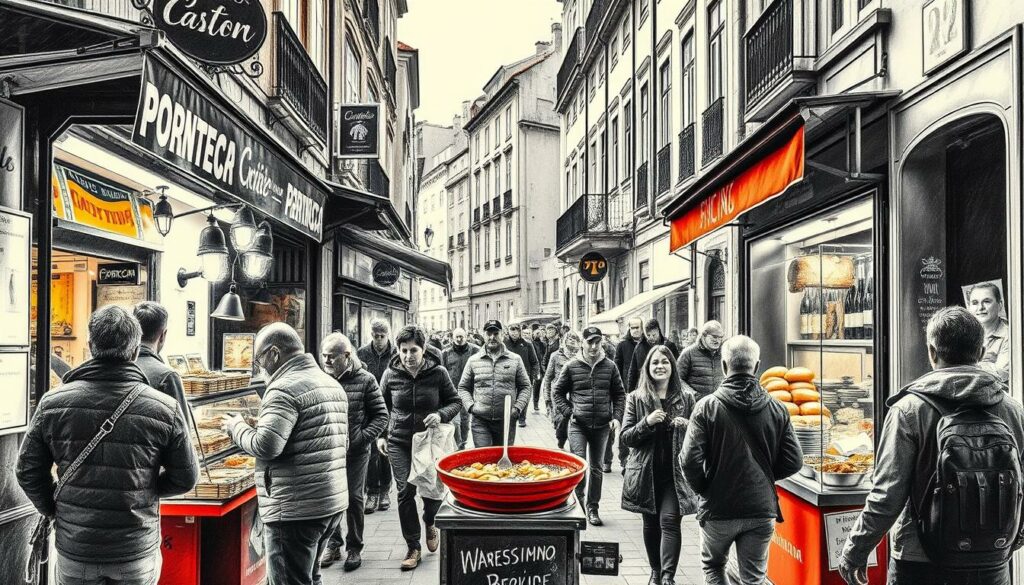 A bustling street scene in the heart of Porto, Portugal. Vendors selling freshly grilled sardines, sizzling bifanas (pork sandwiches), and crisp, golden francesinha (a local sandwich specialty). Passersby weave through the narrow alleys, pausing to savor the tantalizing aromas. The scene is captured in a moody black-and-white palette, with pops of color highlighting the vibrant ingredients and textured surfaces. Warm, directional lighting casts dramatic shadows, creating a sense of energy and movement. The composition frames the action, drawing the eye to the captivating details of this authentic, fast-paced culinary experience.