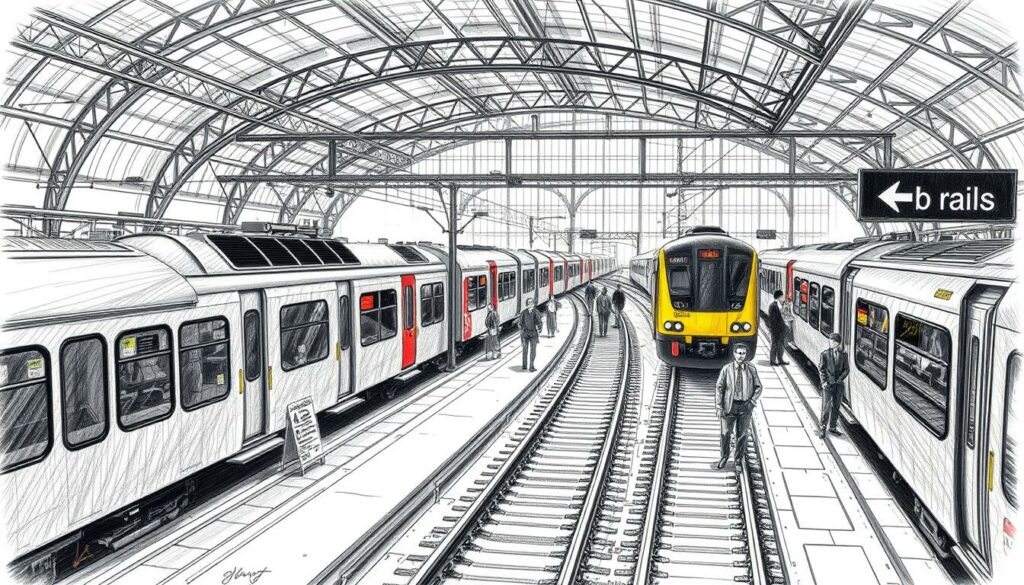 A bustling train station in Portugal, with commuters hurrying along the platforms. Sleek, modern locomotives and carriages in shades of gray and black, accented by pops of vibrant color from signage and architectural details. The scene is captured in a high-contrast, pencil-sketch style, lending an atmospheric, timeless quality. Shadows and highlights create depth and dimension, drawing the viewer's eye through the composition. The overall mood is one of efficient, reliable transportation, reflecting the practical yet visually interesting nature of Portugal's rail network.