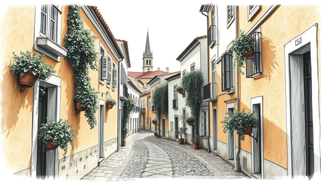 A charming cobblestone street winds through the historic Cidade Velha of Faro, Portugal. Weathered buildings in shades of ochre and terracotta line the narrow alleyways, their facades adorned with intricate architectural details. Lush greenery cascades from window boxes, casting delicate shadows on the sun-dappled walls. The scene exudes an air of timeless elegance, with hints of color bringing the monochrome landscape to life. A church steeple rises majestically in the distance, its spire silhouetted against the sky. This captivating corner of Faro's historic heart invites the viewer to step back in time and immerse themselves in the city's rich cultural heritage.