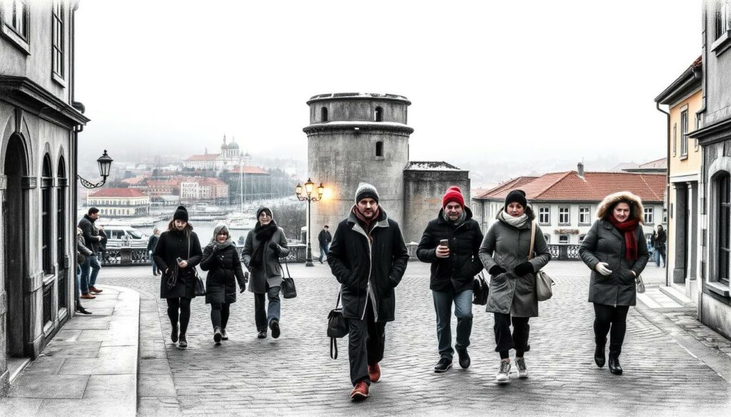 A charming winter scene in Porto, Portugal. In the foreground, bundled-up locals stroll through a quaint cobblestone square, their breath visible in the crisp air. The middle ground features a historic landmark, its weathered facade softly lit by the golden glow of street lamps. In the background, a misty harbor frames a skyline of red-tiled roofs and church spires. The overall mood is one of cozy, intimate exploration, with muted tones of black, white, and selective pops of color highlighting the season's offerings. A serene, artistic representation of wintertime activities in this picturesque coastal city. A charming winter scene in Porto, Portugal. In the foreground, bundled-up locals stroll through a quaint cobblestone square, their breath visible in the crisp air. The middle ground features a historic landmark, its weathered facade softly lit by the golden glow of street lamps. In the background, a misty harbor frames a skyline of red-tiled roofs and church spires. The overall mood is one of cozy, intimate exploration, with muted tones of black, white, and selective pops of color highlighting the season's offerings. A serene, artistic representation of wintertime activities in this picturesque coastal city.
