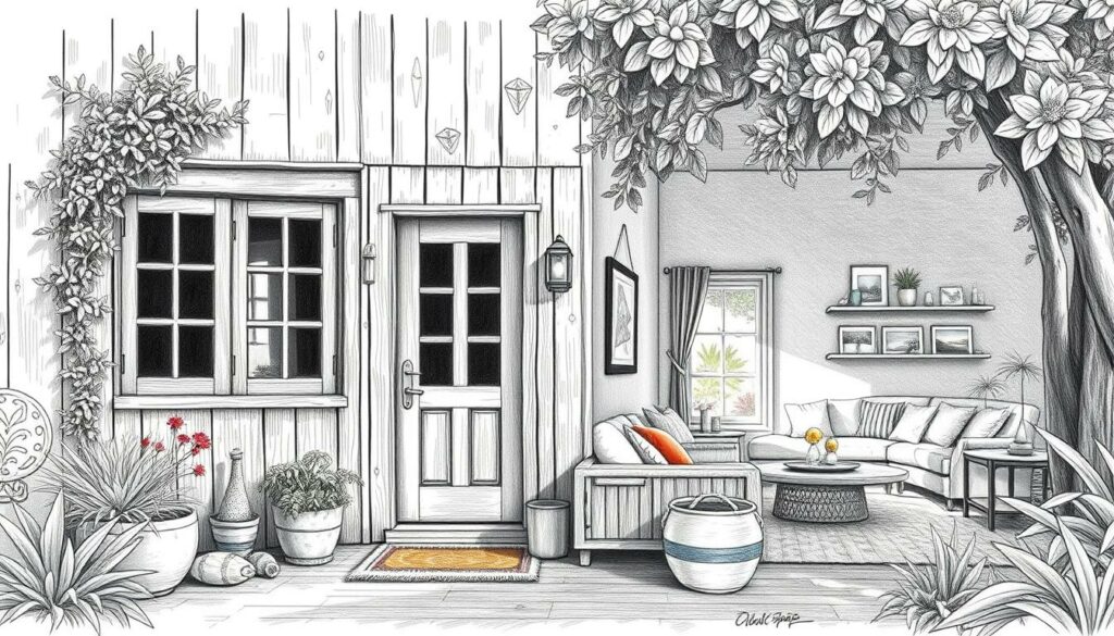 A cozy Azorean vacation home, its exterior bathed in soft gray tones, punctuated by vibrant splashes of color. The weathered wooden facade exudes rustic charm, its texture captured in intricate pencil strokes. Lush greenery frames the scene, hinting at the island's abundant natural beauty. Inside, the home's interior is meticulously detailed, with warm wooden floors, plush furnishings, and carefully curated decor that speaks to the local Azorean aesthetic. Lighting casts gentle shadows, creating a serene, inviting atmosphere. The scene is rendered in a striking black-and-white palette, with selective color accents drawing the eye to key elements, showcasing the essence of this Azorean vacation getaway.