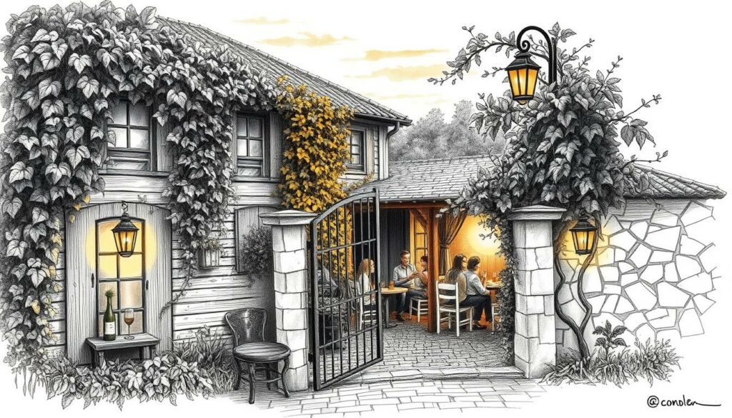 A cozy rural inn nestled along the winding Caminho Português, its weathered wooden facade bathed in the soft, golden light of evening. Lush vines climb the walls, casting gentle shadows across the patio where weary pilgrims sip local wines and share stories of their journey. In the foreground, a wrought-iron gate stands open, inviting travelers to step inside this peaceful sanctuary and find respite before continuing on their way. The scene is rendered in a striking black and white palette, with splashes of color highlighting the vibrant greenery and the warm glow of lanterns flickering in the dusk.