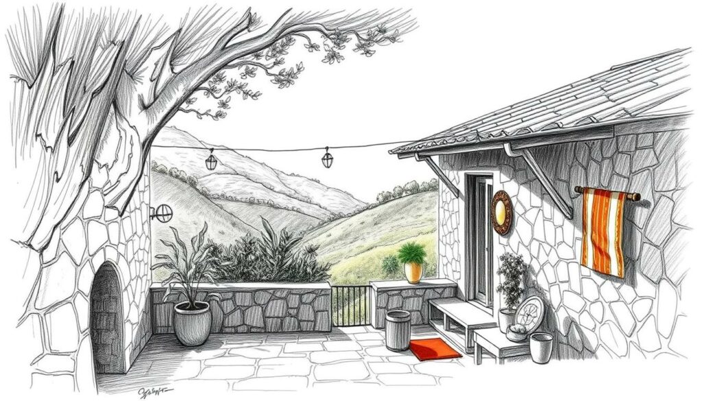 A cozy, rustic eco-lodge nestled amidst the lush verdant hills of Portugal. Charming stone walls and a gently sloping roof frame a tranquil scene, with a small porch overlooking a serene garden. Soft, diffused natural light filters through the windows, casting a warm, inviting glow. Vibrant splashes of color accent the otherwise monochromatic palette - perhaps a potted plant, a hand-woven tapestry, or a striking piece of artwork. The atmosphere exudes a sense of harmony with the surrounding environment, embodying the essence of sustainable, nature-inspired hospitality. A cozy, rustic eco-lodge nestled amidst the lush verdant hills of Portugal. Charming stone walls and a gently sloping roof frame a tranquil scene, with a small porch overlooking a serene garden. Soft, diffused natural light filters through the windows, casting a warm, inviting glow. Vibrant splashes of color accent the otherwise monochromatic palette - perhaps a potted plant, a hand-woven tapestry, or a striking piece of artwork. The atmosphere exudes a sense of harmony with the surrounding environment, embodying the essence of sustainable, nature-inspired hospitality.