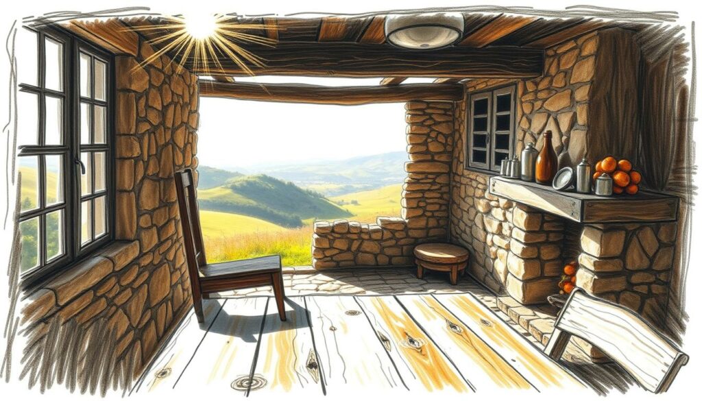 A cozy stone cabin nestled in the lush, rolling hills of Portugal, its rustic charm complemented by warm, earthy tones. Sunlight filters through the windows, casting a soft, inviting glow over the space. In the foreground, a well-worn wooden table and chairs beckon for intimate conversations and leisurely meals. The middle ground features a stone fireplace, its flickering flames casting dancing shadows. Beyond, the backdrop reveals a panoramic vista of verdant meadows and distant, hazy mountains, hinting at the vast, untamed wilderness waiting to be explored. The scene evokes a sense of tranquility and connection with nature, perfect for weary hikers seeking a respite from their adventures. A cozy stone cabin nestled in the lush, rolling hills of Portugal, its rustic charm complemented by warm, earthy tones. Sunlight filters through the windows, casting a soft, inviting glow over the space. In the foreground, a well-worn wooden table and chairs beckon for intimate conversations and leisurely meals. The middle ground features a stone fireplace, its flickering flames casting dancing shadows. Beyond, the backdrop reveals a panoramic vista of verdant meadows and distant, hazy mountains, hinting at the vast, untamed wilderness waiting to be explored. The scene evokes a sense of tranquility and connection with nature, perfect for weary hikers seeking a respite from their adventures.