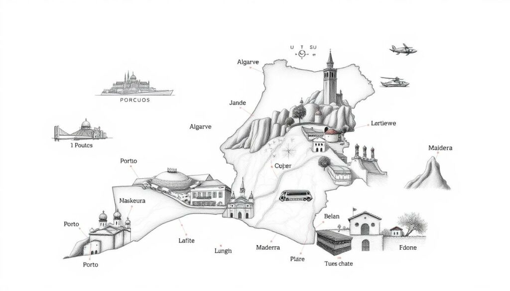 A detailed comparison of the regions of Portugal, rendered in a striking black-and-white style with selective color accents. Depict the distinct landscapes, cityscapes, and climates of Porto, the Algarve, Madeira, and other notable destinations, showcased in a precise, technical illustration. Utilize a clean, minimalist aesthetic to highlight the key differences between these diverse Portuguese regions, creating a visually compelling reference for the article's section on the weather and climate of Porto in April versus other travel destinations. Emphasize the use of pencil sketching techniques and precise linework to convey the details, while strategically incorporating pops of color to draw the eye and enhance the informative nature of the image.