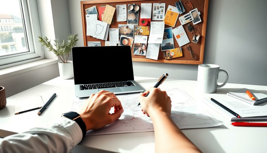 A detailed travel planning guide on a sleek minimalist desk, with a laptop, notes, and a coffee mug. The scene is bathed in soft, natural lighting, creating a serene and focused atmosphere. In the foreground, a pair of hands pore over a map, planning an itinerary. In the background, a bulletin board displays colorful travel-related items like tickets, receipts, and photographs, all rendered in a muted, monochrome palette with pops of color. The overall composition conveys a sense of careful, budget-conscious preparation for an upcoming Portugal adventure.