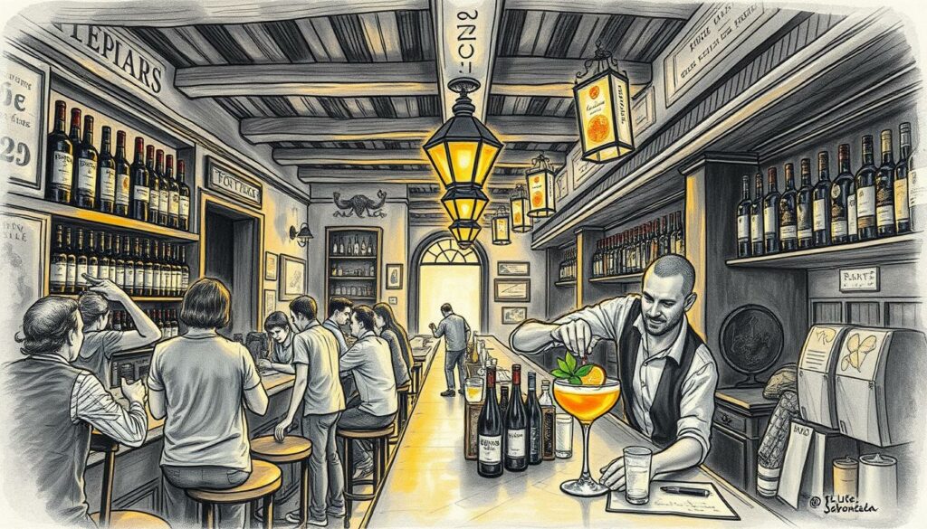 A dimly lit tavern in Lisbon, Portugal, exuding an authentic, old-world charm. Wooden beams and worn tiles create a cozy ambiance, as patrons gather around a long, polished bar. Bottles of rich port wine and aromatic liqueurs line the shelves, casting warm, golden hues across the scene. In the foreground, a bartender skillfully mixes a classic Portuguese cocktail, the vibrant citrus hues of the garnish adding a splash of color. Muted tones of gray and sepia dominate the composition, punctuated by the occasional burst of crimson or emerald, echoing the country's iconic azulejo tiles. The overall atmosphere is one of tradition, conviviality, and a deep appreciation for the art of Portuguese beverage culture.