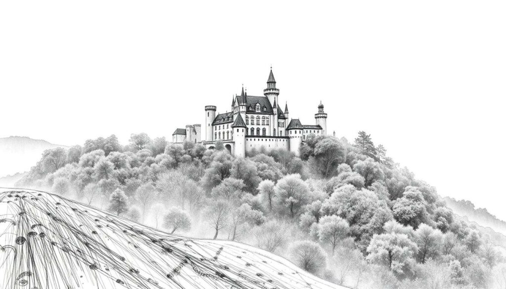 A dramatic, castle-like structure nestled in lush, verdant hills, the Sintra Märchenschlösser captivates with its fairytale-esque charm. A monochromatic graphite sketch accentuated by strategic pops of color, the scene depicts the magnificent palace from a distance, its turrets and towers silhouetted against a hazy sky. The foreground is dominated by rolling, textured landscapes, while the middle ground features the impressive, multi-tiered castle, its intricate architectural details rendered in striking chiaroscuro. The background fades into a misty, atmospheric horizon, creating a sense of depth and mystique. Infused with a sense of timeless wonder, this image perfectly captures the enchanting essence of Sintra, complementing the "Tag 5: Sintra und Cabo da Roca" section of the Portugal roadtrip article. A dramatic, castle-like structure nestled in lush, verdant hills, the Sintra Märchenschlösser captivates with its fairytale-esque charm. A monochromatic graphite sketch accentuated by strategic pops of color, the scene depicts the magnificent palace from a distance, its turrets and towers silhouetted against a hazy sky. The foreground is dominated by rolling, textured landscapes, while the middle ground features the impressive, multi-tiered castle, its intricate architectural details rendered in striking chiaroscuro. The background fades into a misty, atmospheric horizon, creating a sense of depth and mystique. Infused with a sense of timeless wonder, this image perfectly captures the enchanting essence of Sintra, complementing the "Tag 5: Sintra und Cabo da Roca" section of the Portugal roadtrip article.