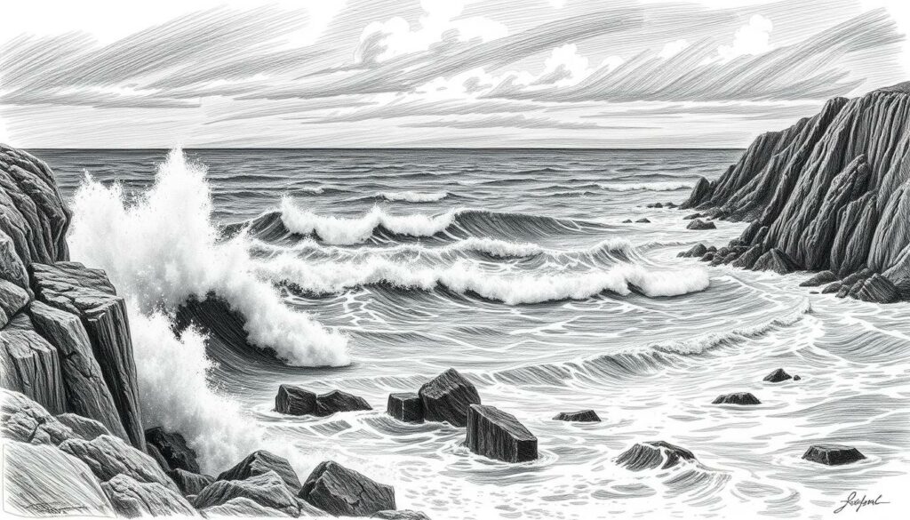 A dramatic seascape along the rugged Portuguese coastline. In the foreground, powerful waves crash against rocky cliffs, their white caps spraying mist into the air. The middle ground features a turbulent ocean, with swells and currents creating a complex dance of motion. In the distance, a moody sky hangs heavy with clouds, hinting at the ever-changing tides and weather. The scene is rendered in a striking black and white palette, with selective pops of color highlighting the energy and dynamism of the coastal environment. Subtle textures and shading convey the weight and force of the natural elements. An evocative representation of the challenges and hazards that windsurfers must navigate along this dramatic stretch of the Atlantic.