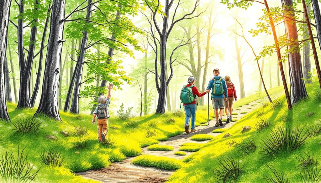 A family hiking on a gentle, winding path through a lush, verdant forest. In the foreground, a young child's hand reaches up to hold their parent's as they explore the tranquil trail. The middle ground reveals the family's backpacks and hiking gear, casting soft shadows on the mossy ground. In the background, sunlight filters through the canopy of trees, creating a serene, dappled effect. The scene is captured in a timeless, pencil-sketched style with pops of color accentuating the natural elements, conveying the joy and adventure of a family-friendly hike. A family hiking on a gentle, winding path through a lush, verdant forest. In the foreground, a young child's hand reaches up to hold their parent's as they explore the tranquil trail. The middle ground reveals the family's backpacks and hiking gear, casting soft shadows on the mossy ground. In the background, sunlight filters through the canopy of trees, creating a serene, dappled effect. The scene is captured in a timeless, pencil-sketched style with pops of color accentuating the natural elements, conveying the joy and adventure of a family-friendly hike.