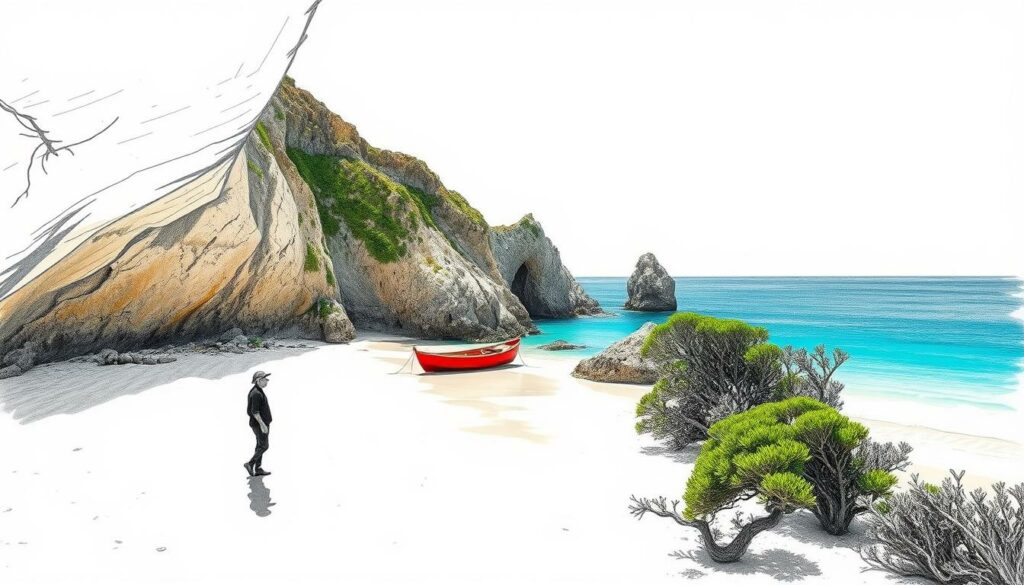 A hidden cove along the rugged Algarve coastline, the sun's warm glow filtering through the cliffs, casting soft shadows on the pristine sand. In the foreground, a lone figure walks the shore, their silhouette captured in a monochrome sketch. Pops of color emerge - a vibrant red boat, the turquoise hue of the ocean, and the verdant foliage clinging to the rocky outcroppings. This scene captures the essence of Algarve's undiscovered gems, a tranquil and serene moment frozen in time.
