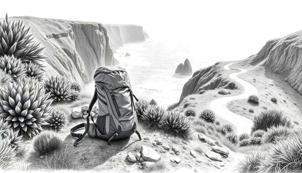 A hiking backpack resting on a rocky coastal trail, surrounded by lush green vegetation and dramatic cliffs overlooking the vast, churning ocean. The pack is illuminated by soft, diffused natural light, casting subtle shadows. In the background, the winding trail leads off into the distance, inviting the viewer to embark on an adventurous coastal hike. The scene is rendered in a minimalist, black and white palette with selective, vibrant color accents on the pack and natural elements, creating a sense of balance and focus.