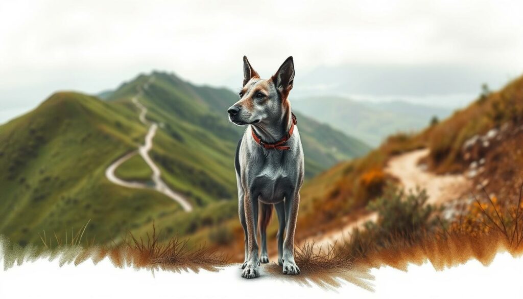 A hiking dog pauses on a winding mountain trail, alert and attentive, as the verdant Portuguese landscape unfolds behind it. Soft, charcoal-like strokes capture the dog's focused gaze and tense posture, conveying a sense of watchfulness and caution. Muted tones of green and brown dominate the scene, with strategically placed pops of color, perhaps a vibrant wildflower or a splash of sunlight, drawing the eye and adding depth. The composition emphasizes the dog's role as a companion and protector, guiding the hiker through the rugged terrain with care and vigilance. This serene, yet cautionary image reflects the theme of "Sicherheit und Gesundheit beim Wandern mit Hund" - the safety and well-being of both the hiker and their canine partner in the stunning natural beauty of Portugal. A hiking dog pauses on a winding mountain trail, alert and attentive, as the verdant Portuguese landscape unfolds behind it. Soft, charcoal-like strokes capture the dog's focused gaze and tense posture, conveying a sense of watchfulness and caution. Muted tones of green and brown dominate the scene, with strategically placed pops of color, perhaps a vibrant wildflower or a splash of sunlight, drawing the eye and adding depth. The composition emphasizes the dog's role as a companion and protector, guiding the hiker through the rugged terrain with care and vigilance. This serene, yet cautionary image reflects the theme of "Sicherheit und Gesundheit beim Wandern mit Hund" - the safety and well-being of both the hiker and their canine partner in the stunning natural beauty of Portugal.