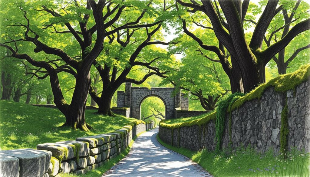 A lush, verdant canopy of ancient trees casts dappled shadows across the winding trail in the Buçaco Nationalwald. Rugged stone walls and moss-covered ruins hint at the forest's storied past. Gentle sunlight filters through the foliage, illuminating the vibrant greens and occasional pops of color from wildflowers. In the distance, a weathered stone archway frames the path, inviting deeper exploration of this historic, atmospheric woodland. Charcoal-hued sketches capture the scene, with selective brushstrokes of earthy ochre and jade accentuating the natural details.