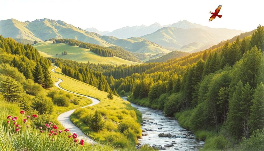 A lush, verdant landscape unfolds, showcasing the breathtaking Wanderregionen of Portugal. Rolling hills and majestic mountains rise in the distance, their peaks capped with a dusting of snow. Winding paths meander through dense forests, dappled with shafts of warm, golden light. In the foreground, a babbling brook cuts through the terrain, its crystal-clear waters reflecting the surrounding scenery. Pops of vibrant color - wildflowers, a scarlet bird in flight - punctuate the otherwise monochromatic scene, creating a striking contrast. The overall atmosphere is one of tranquility and adventure, inviting the viewer to embark on a captivating hiking journey through this enchanting region of Portugal. A lush, verdant landscape unfolds, showcasing the breathtaking Wanderregionen of Portugal. Rolling hills and majestic mountains rise in the distance, their peaks capped with a dusting of snow. Winding paths meander through dense forests, dappled with shafts of warm, golden light. In the foreground, a babbling brook cuts through the terrain, its crystal-clear waters reflecting the surrounding scenery. Pops of vibrant color - wildflowers, a scarlet bird in flight - punctuate the otherwise monochromatic scene, creating a striking contrast. The overall atmosphere is one of tranquility and adventure, inviting the viewer to embark on a captivating hiking journey through this enchanting region of Portugal.
