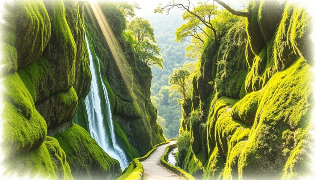 A lush, verdant path winds through a verdant, misty gorge, the Levada do Caldeirão Verde flowing beside it. Towering, moss-covered rock walls rise on either side, their surfaces punctuated by cascading waterfalls. Sunlight filters through the canopy of vibrant green foliage, casting a warm, almost dreamlike glow over the scene. In the distance, a dense, primeval forest stretches out, hinting at the untamed wilderness beyond. The image is rendered in a muted, pencil-sketch style, with selective pops of color drawing the eye to the most captivating elements. An atmospheric, tranquil composition that encapsulates the serene beauty of this Madeiran levada hike. A lush, verdant path winds through a verdant, misty gorge, the Levada do Caldeirão Verde flowing beside it. Towering, moss-covered rock walls rise on either side, their surfaces punctuated by cascading waterfalls. Sunlight filters through the canopy of vibrant green foliage, casting a warm, almost dreamlike glow over the scene. In the distance, a dense, primeval forest stretches out, hinting at the untamed wilderness beyond. The image is rendered in a muted, pencil-sketch style, with selective pops of color drawing the eye to the most captivating elements. An atmospheric, tranquil composition that encapsulates the serene beauty of this Madeiran levada hike.