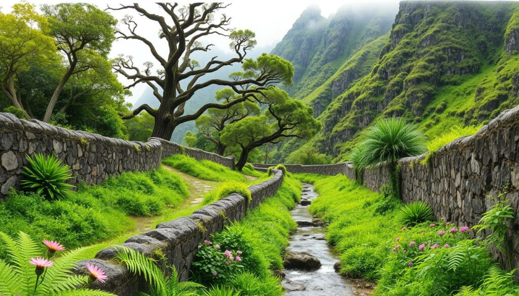 A lush, verdant pathway winds through a serene Madeiran landscape, flanked by ancient stone walls and the gentle flow of a levada, or traditional irrigation canal. Verdant ferns and vibrant wildflowers dot the foreground, their colors punctuating the scene in soft, muted tones. In the middle ground, towering laurel trees cast dappled shadows, their twisted branches reaching towards a sky painted in shades of grey. The background is dominated by the rugged, moss-covered cliffs of the island's interior, their jagged peaks silhouetted against the hazy, atmospheric light. The overall atmosphere is one of tranquility and adventure, inviting the viewer to embark on a leisurely stroll through this enchanting, water-sculpted paradise. A lush, verdant pathway winds through a serene Madeiran landscape, flanked by ancient stone walls and the gentle flow of a levada, or traditional irrigation canal. Verdant ferns and vibrant wildflowers dot the foreground, their colors punctuating the scene in soft, muted tones. In the middle ground, towering laurel trees cast dappled shadows, their twisted branches reaching towards a sky painted in shades of grey. The background is dominated by the rugged, moss-covered cliffs of the island's interior, their jagged peaks silhouetted against the hazy, atmospheric light. The overall atmosphere is one of tranquility and adventure, inviting the viewer to embark on a leisurely stroll through this enchanting, water-sculpted paradise.