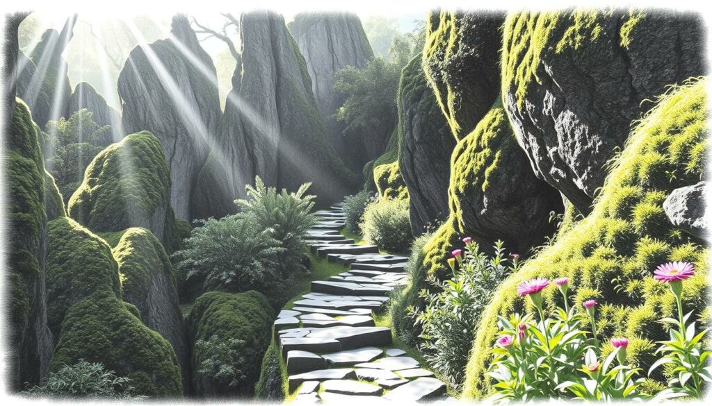 A lush, verdant trail winds through the rugged landscape of Madeira, tracing the path of ancient levadas - the island's intricate network of water channels. Sunlight filters through the canopy of lush foliage, casting dappled shadows on the narrow, stone-lined walkway. Towering, moss-covered rock formations rise on either side, their surfaces punctuated by the occasional burst of vibrant wildflowers in shades of pink, purple, and yellow. The scene exudes a sense of tranquility and timeless beauty, inviting the viewer to immerse themselves in this enchanting, monochromatic world, with just a touch of color to accentuate the natural wonder of the Levada Wanderwege.