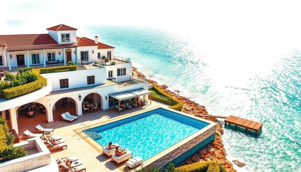 A luxurious beachfront hotel nestled in Albufeira, Portugal, with a captivating infinity pool overlooking the shimmering turquoise waters of the Adriatic Sea. The hotel's elegant Mediterranean architecture boasts pristine white facades and terracotta rooftops, complemented by lush, verdant gardens. Warm, golden sunlight filters through the scene, casting a soft, romantic glow. Guests lounge poolside on modern, minimalist furniture, soaking in the breathtaking vistas. Nearby, a wooden pier extends into the calm, inviting waters, beckoning visitors to explore the serene coastal environment. This image captures the essence of a sophisticated, yet relaxing, Albufeira getaway, perfect for the "Accommodations for Every Taste and Budget" section of the article. A luxurious beachfront hotel nestled in Albufeira, Portugal, with a captivating infinity pool overlooking the shimmering turquoise waters of the Adriatic Sea. The hotel's elegant Mediterranean architecture boasts pristine white facades and terracotta rooftops, complemented by lush, verdant gardens. Warm, golden sunlight filters through the scene, casting a soft, romantic glow. Guests lounge poolside on modern, minimalist furniture, soaking in the breathtaking vistas. Nearby, a wooden pier extends into the calm, inviting waters, beckoning visitors to explore the serene coastal environment. This image captures the essence of a sophisticated, yet relaxing, Albufeira getaway, perfect for the "Accommodations for Every Taste and Budget" section of the article.