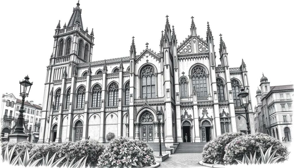 A majestic medieval cathedral stands tall in the heart of Porto, its intricate Gothic architecture casting dramatic shadows upon the cobblestone streets below. Ornate spires and towers pierce the sky, while stained glass windows capture the warm glow of the sun. The facade is adorned with intricate carvings, delicate arches, and striking columns that create a sense of grandeur and awe. In the foreground, lush vegetation and vibrant flowers add pops of color to the monochromatic scene, drawing the eye towards the cathedral's impressive silhouette. The overall atmosphere is one of reverence and timelessness, capturing the essence of this historic Portuguese landmark.