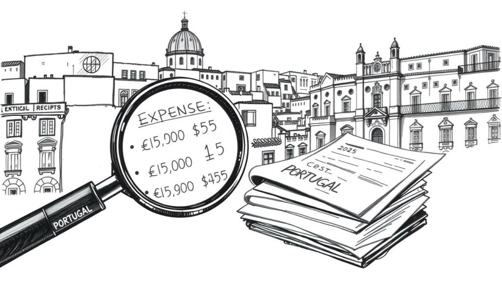 A meticulously detailed black-and-white illustration showcasing the various costs and fees associated with entering Portugal in 2025. The foreground features a prominent magnifying glass highlighting key expense items, while the middle ground presents a stack of official travel documents and receipts. The background depicts the iconic Portuguese architecture, with subtle splashes of color accentuating specific details. The overall mood is one of careful examination and attention to financial details, reflecting the importance of understanding the entry requirements and associated costs for visiting Portugal. A meticulously detailed black-and-white illustration showcasing the various costs and fees associated with entering Portugal in 2025. The foreground features a prominent magnifying glass highlighting key expense items, while the middle ground presents a stack of official travel documents and receipts. The background depicts the iconic Portuguese architecture, with subtle splashes of color accentuating specific details. The overall mood is one of careful examination and attention to financial details, reflecting the importance of understanding the entry requirements and associated costs for visiting Portugal.