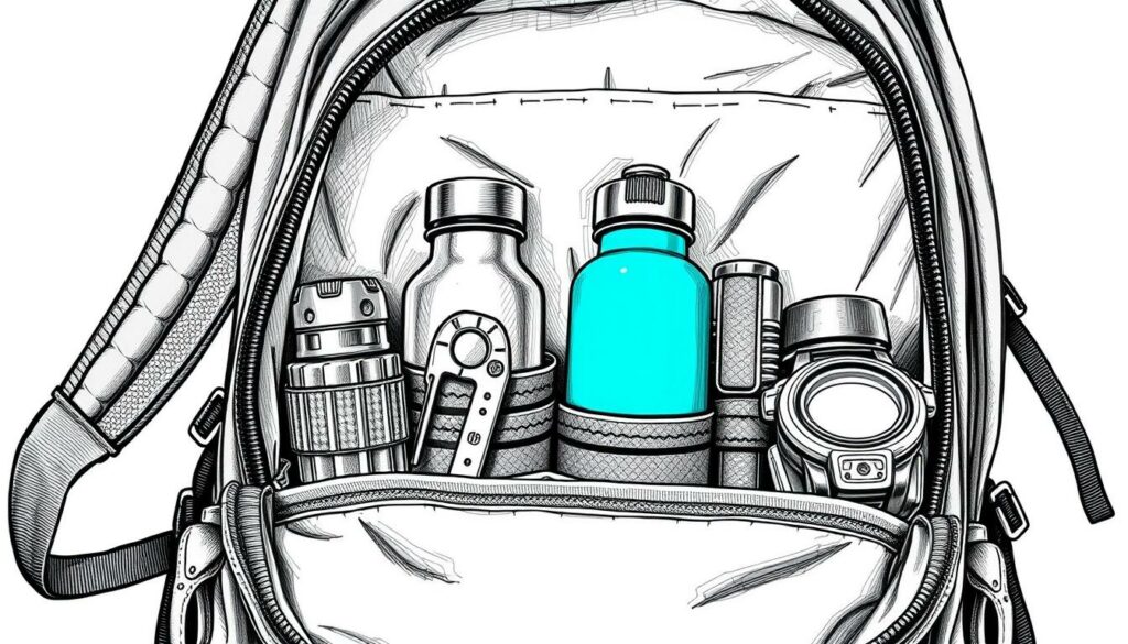 A meticulously organized daypack, its contents arranged with purposeful precision. Sleek and functional water bottles, carefully selected for their hydration management capabilities, stand at the ready. A multitool, a compass, and a durable headlamp - essential tools for any outdoor adventure. Compactly stowed, yet immediately accessible, this expertly curated gear reflects the hiker's commitment to preparedness. Rendered in a stark black and white palette with strategic pops of color, the image captures the essence of the well-equipped day hiker, poised to tackle the trails of Portugal with confidence and resilience. A meticulously organized daypack, its contents arranged with purposeful precision. Sleek and functional water bottles, carefully selected for their hydration management capabilities, stand at the ready. A multitool, a compass, and a durable headlamp - essential tools for any outdoor adventure. Compactly stowed, yet immediately accessible, this expertly curated gear reflects the hiker's commitment to preparedness. Rendered in a stark black and white palette with strategic pops of color, the image captures the essence of the well-equipped day hiker, poised to tackle the trails of Portugal with confidence and resilience.