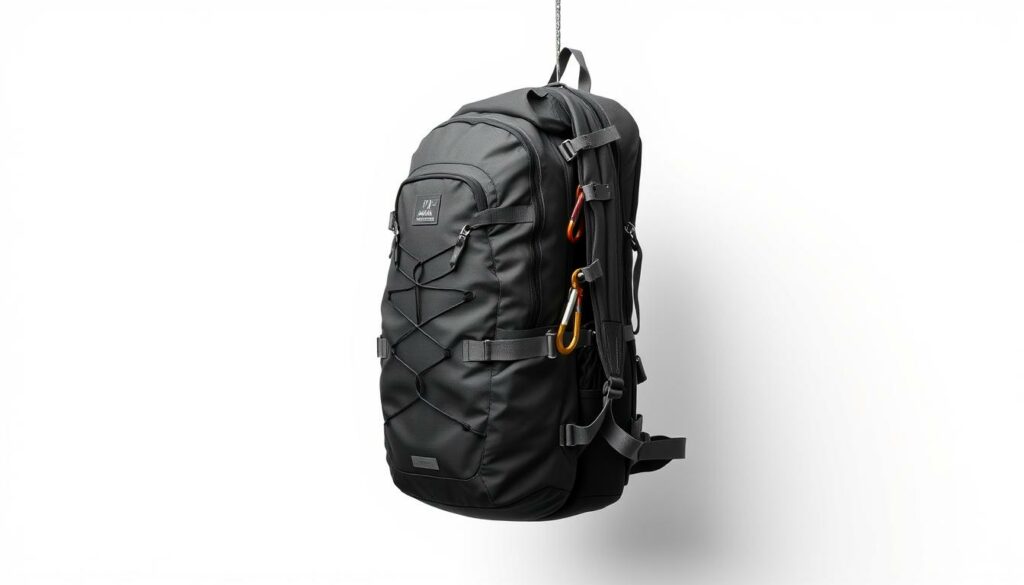 A meticulously organized rucksack, its contents carefully curated for optimal weight distribution. Sleek, modern design with strategic pockets and compartments, crafted in a muted palette of charcoal and graphite. Minimal pops of color highlight key features, like the carabiner hooks and webbing straps. The rucksack is suspended against a clean, minimalist backdrop, allowing the form and function to take center stage. Soft, directional lighting casts subtle shadows, emphasizing the bag's streamlined silhouette and premium materials. An exercise in thoughtful design and efficient packing, this image embodies the ethos of "Rucksackwahl und Gewichtsoptimierung" for the discerning hiker.