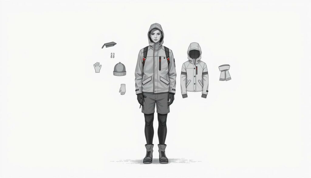 A minimalist, graphite-style illustration showcasing a "Zwiebelprinzip" layered clothing system. In the foreground, a central figure stands in a neutral pose, dressed in a base layer, mid-layer, and outer shell - all in muted shades of grey. Subtle pops of color highlight key details like zippers, buttons, and strap accents. The middle ground features additional layered clothing items, such as hats, gloves, and scarves, arranged in a radial composition. The background is sparse, with soft, textured gradients creating depth and atmosphere. Careful use of chiaroscuro lighting, clean lines, and a restrained color palette convey the practical, efficient nature of this modular clothing system. A minimalist, graphite-style illustration showcasing a "Zwiebelprinzip" layered clothing system. In the foreground, a central figure stands in a neutral pose, dressed in a base layer, mid-layer, and outer shell - all in muted shades of grey. Subtle pops of color highlight key details like zippers, buttons, and strap accents. The middle ground features additional layered clothing items, such as hats, gloves, and scarves, arranged in a radial composition. The background is sparse, with soft, textured gradients creating depth and atmosphere. Careful use of chiaroscuro lighting, clean lines, and a restrained color palette convey the practical, efficient nature of this modular clothing system.