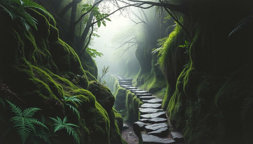 A mystical levada trail winds through the lush, misty forests of Madeira. Lush, verdant foliage frames the scene, with ferns and mosses clinging to the rocks. Soft, diffused lighting filters through the canopy, casting a serene, ethereal glow over the landscape. In the distance, a narrow, stone-lined levada channel cuts through the undergrowth, inviting the viewer to explore the island's enchanting network of water channels. The image is rendered in a restrained, atmospheric palette of graphite blacks and grays, punctuated by muted pops of earthy greens and browns, capturing the moody, contemplative essence of this hidden natural wonder. A mystical levada trail winds through the lush, misty forests of Madeira. Lush, verdant foliage frames the scene, with ferns and mosses clinging to the rocks. Soft, diffused lighting filters through the canopy, casting a serene, ethereal glow over the landscape. In the distance, a narrow, stone-lined levada channel cuts through the undergrowth, inviting the viewer to explore the island's enchanting network of water channels. The image is rendered in a restrained, atmospheric palette of graphite blacks and grays, punctuated by muted pops of earthy greens and browns, capturing the moody, contemplative essence of this hidden natural wonder.