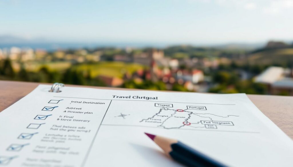 A neatly organized travel planning checklist, hand-drawn in precise black-and-white pencil strokes with carefully placed pops of color. The foreground features a series of checkboxes, icons, and concise bullet points outlining the key steps - from initial destination research to final itinerary planning. The middle ground showcases a detailed map of Portugal, with iconic landmarks highlighted in vibrant hues. In the background, a softly blurred landscape captures the essence of the country's diverse geography, from rolling hills to picturesque coastlines. The overall mood is one of thoughtful preparation, inviting the viewer to embark on an individualized journey through Portugal.